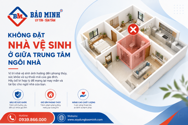 Trong phong thủy nhà ở không nên đặt nhà vệ sinh ở giữa trung tâm ngôi nhà