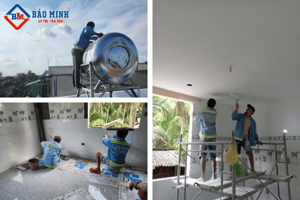 Đội ngũ công nhân Bảo Minh tiến hành thi công công trình sửa chữa nhà Cái Bè