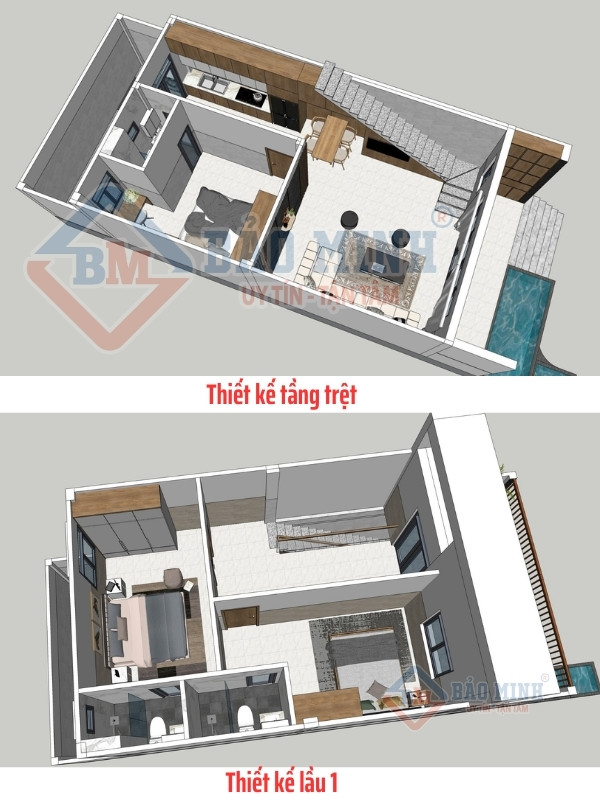 Thiết kế 3D nội thất nhà 1 trệt 1 lầu của chị Nga