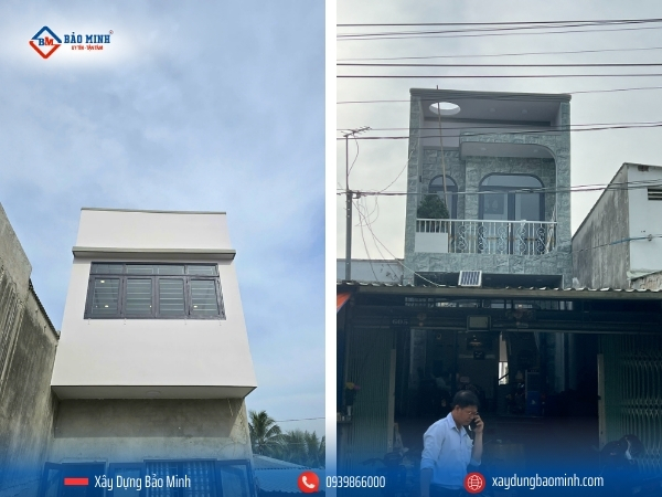 Mặt tiền đằng trước và đằng sau công tình xây nhà 2 tầng trọn gói