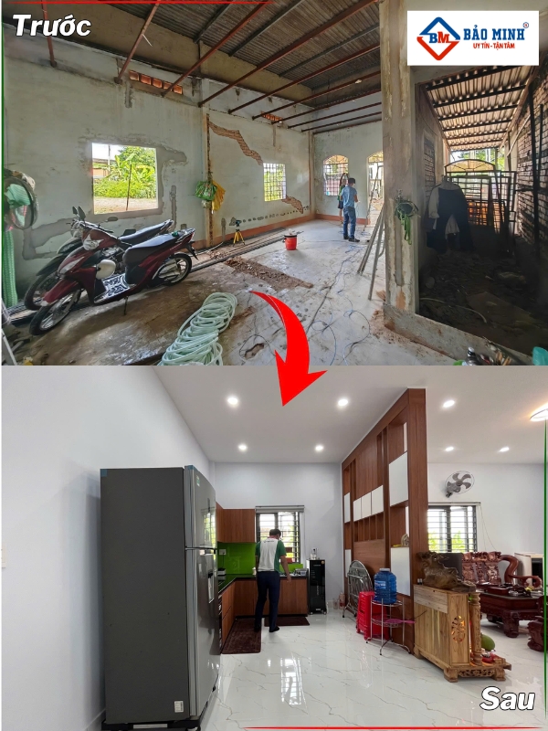 Không gian phòng khách trước và sau khi cải tạo