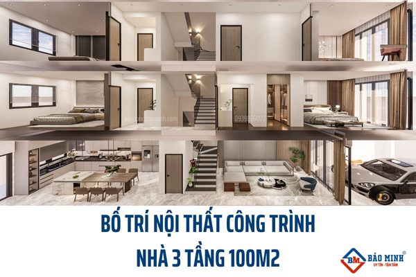Bố trí nội thất công trình nhà 3 tầng 100m2