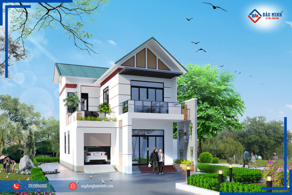 Mẫu nhà mái thái 2 tầng có gara