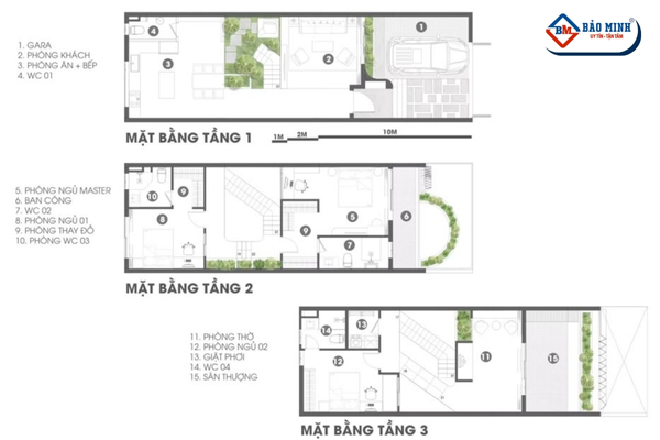 Bố trí mặt bằng nhà 3 tầng 3 phòng ngủ