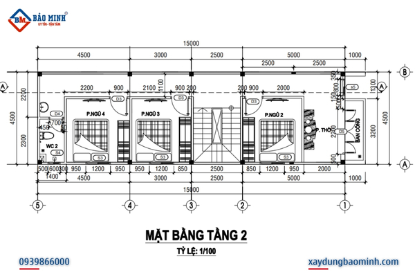Bố trí mặt bằng tầng 2 - Xây nhà 2 tầng bình dương