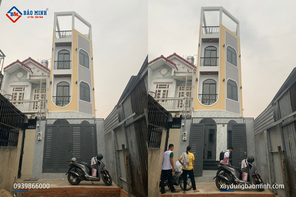 Mặt tiền công trình xây nhà 3 tầng tum Hóc Môn